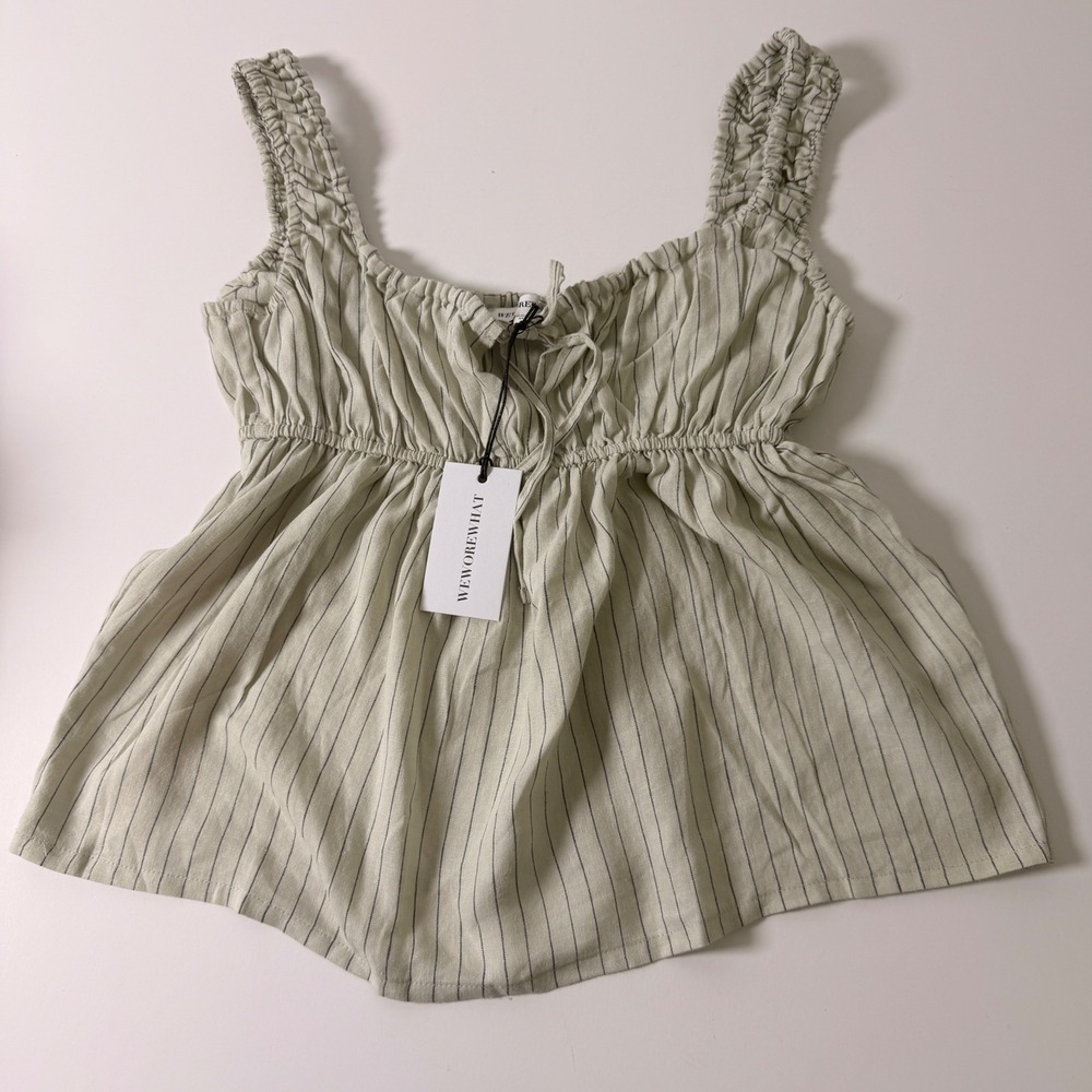 WeWoreWhat Tie Front Cami Top Sage Multi Stripe Smocked Strap XS - Picture 4 of 5